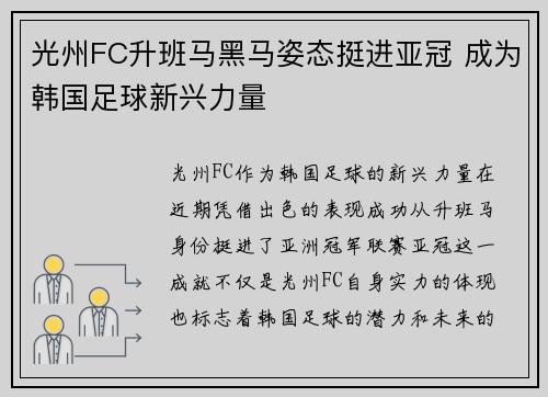 光州FC升班马黑马姿态挺进亚冠 成为韩国足球新兴力量