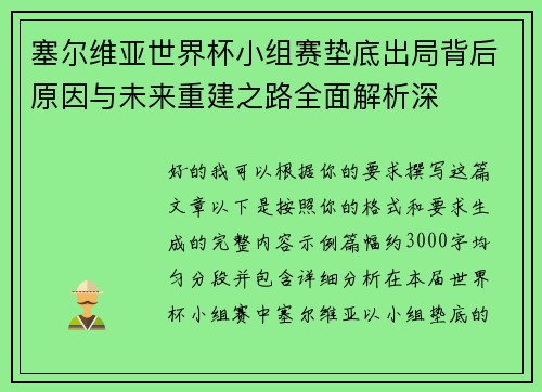 塞尔维亚世界杯小组赛垫底出局背后原因与未来重建之路全面解析深
