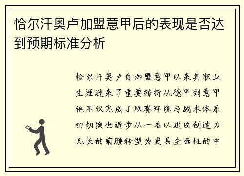 恰尔汗奥卢加盟意甲后的表现是否达到预期标准分析