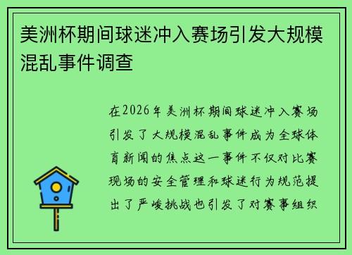 美洲杯期间球迷冲入赛场引发大规模混乱事件调查